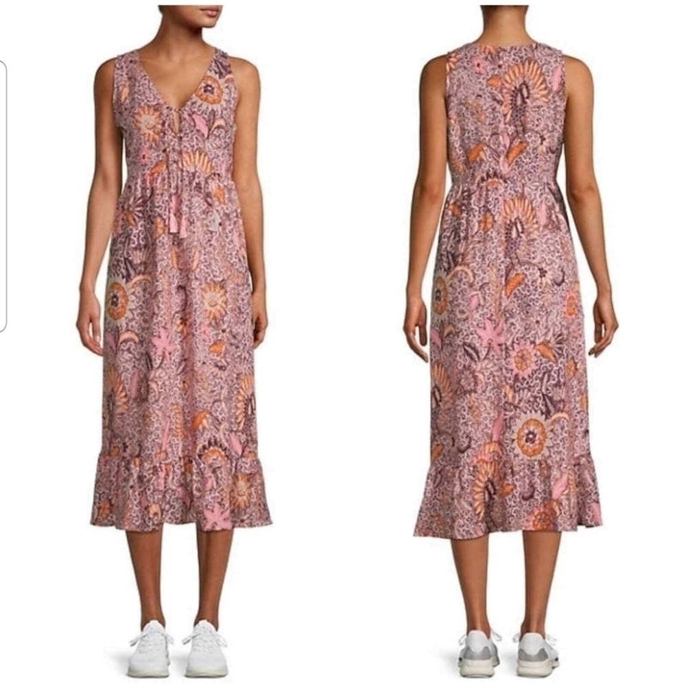 Madewell Lace-Up Ruffle-Hem Sleeveless Midi Dress in Bali Blooms Size 00 Boho